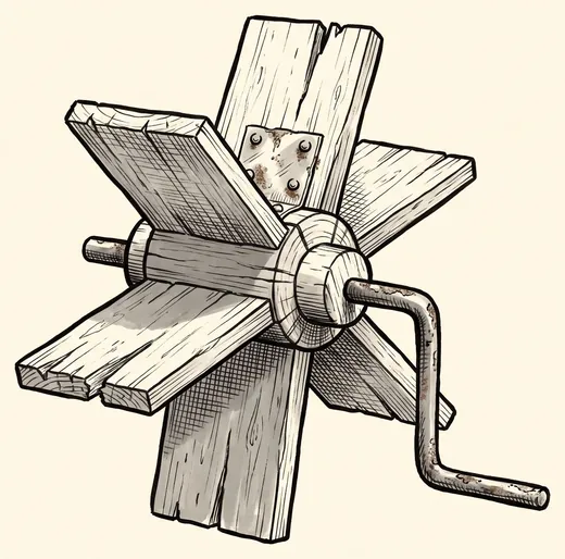Ink drawing. A small wooden paddle wheel on a short axle, standing by itself: six flat blades let into a turned hub.