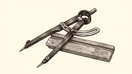 Ink drawing. A pair of steel dividers lying open across a short wooden straightedge, the two of them by themselves: the legs spread about six inches.