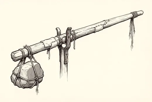 Ink drawing. A counterweighted gate boom by itself, raised at an angle: a long tapering pole pivoted in a forked iron bracket.