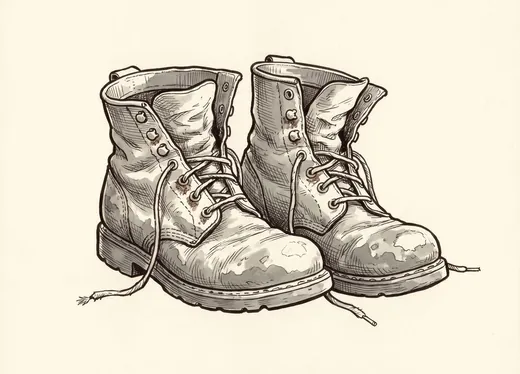 Ink drawing. One pair of heavy work boots set down side by side by themselves, toes together and the tops slumped over: the leather dark and swollen up to the welt.